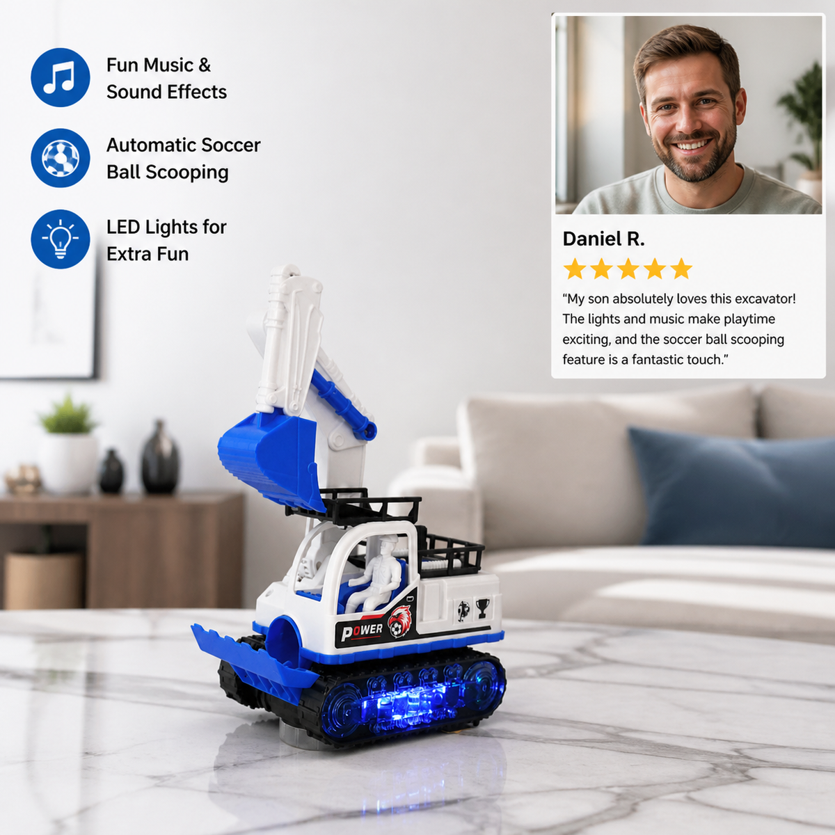 Musical Excavator Toy with Automatic Soccer Ball Scooping & LED Lights
