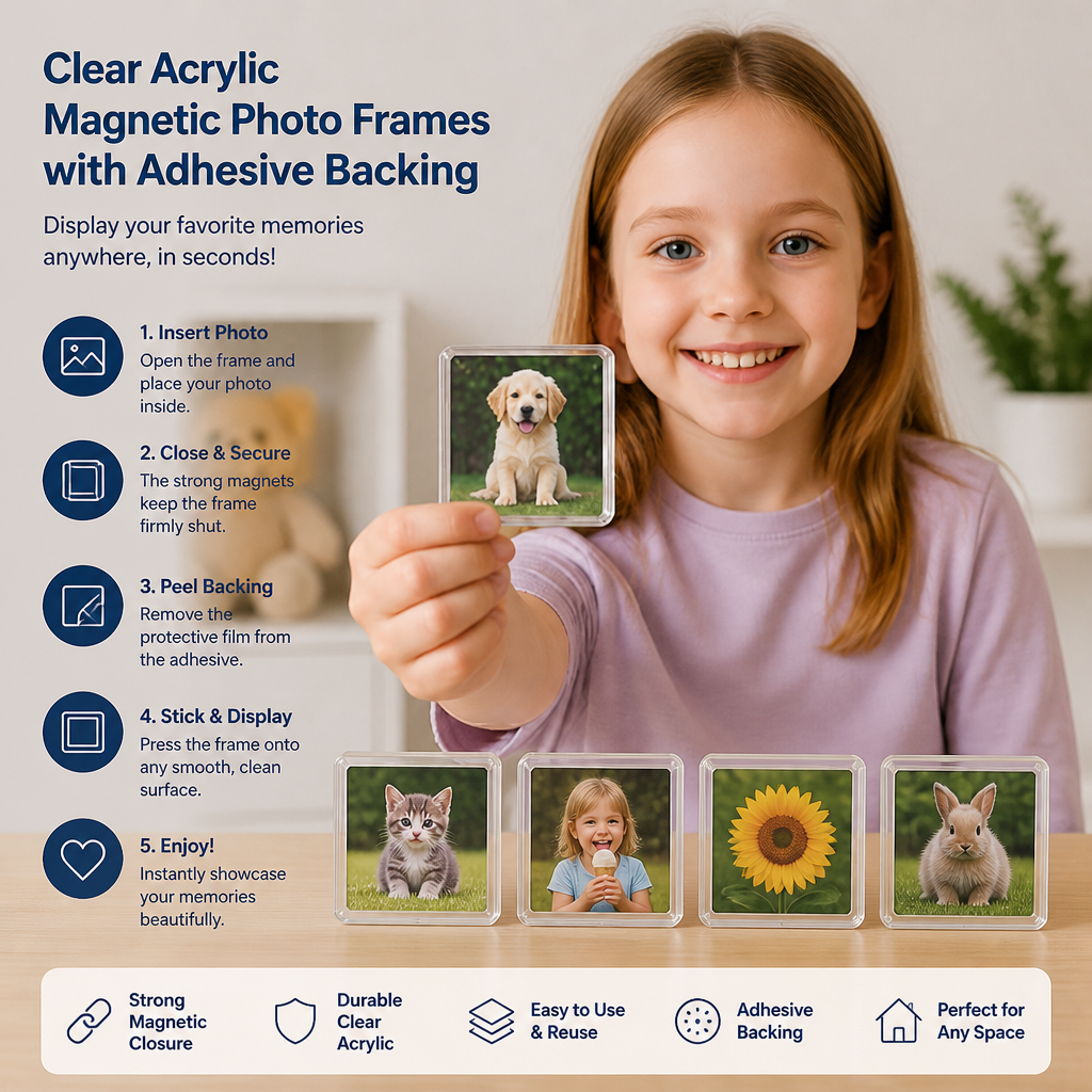 Clear Acrylic Magnetic Photo Frames with Adhesive Backing