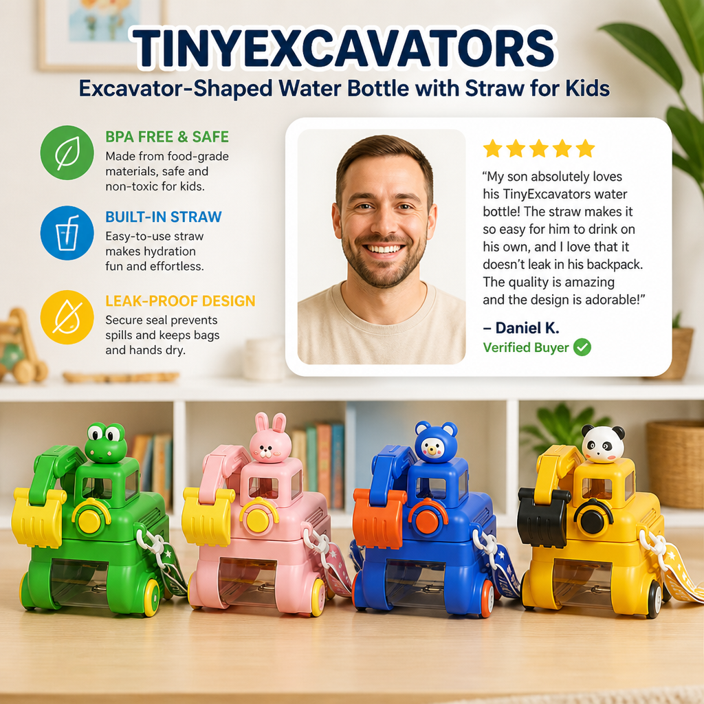 TinyExcavators Excavator-Shaped Water Bottle with Straw for Kids