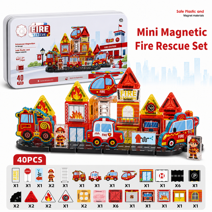 40-Piece Travel-Sized Magnetic Building Set with Construction, Fire & Police Vehicles