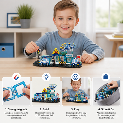 40-Piece Travel-Sized Magnetic Building Set with Construction, Fire & Police Vehicles