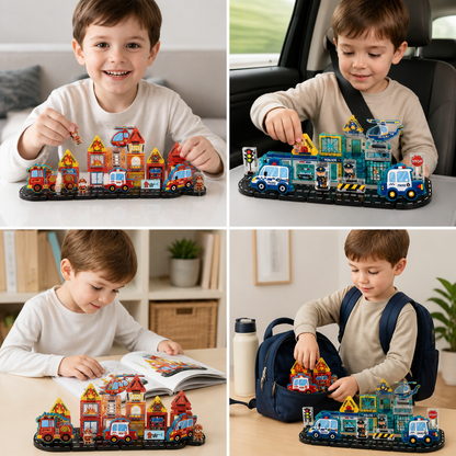 40-Piece Travel-Sized Magnetic Building Set with Construction, Fire & Police Vehicles