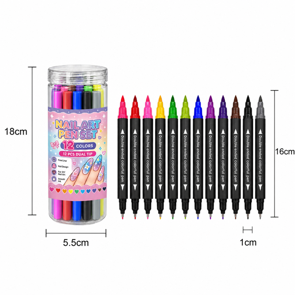 12-Color Dual-Tip Nail Art Pen Set – Fine Detail & Creative Designs