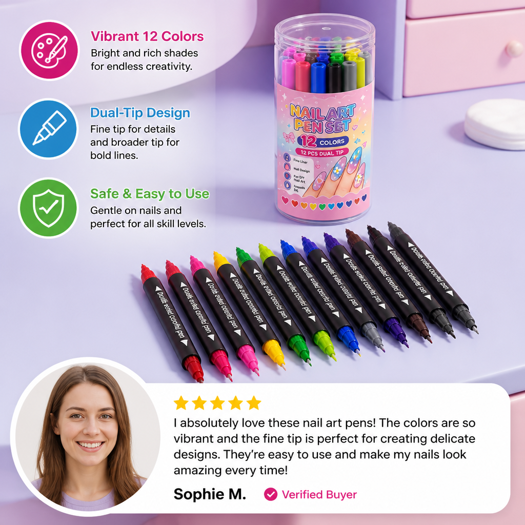 12-Color Dual-Tip Nail Art Pen Set – Fine Detail & Creative Designs