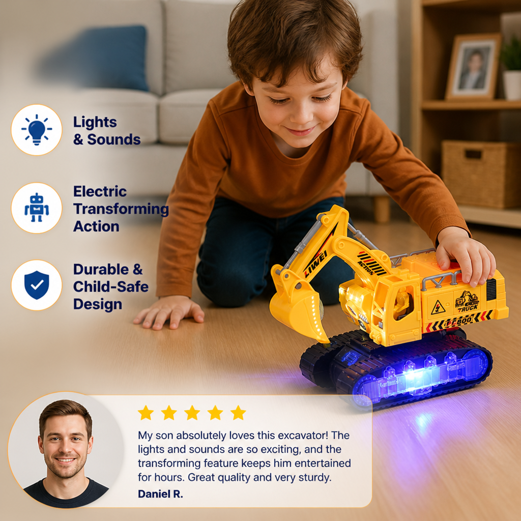 Electric Transforming Robot Excavator Toy with Lights & Sounds