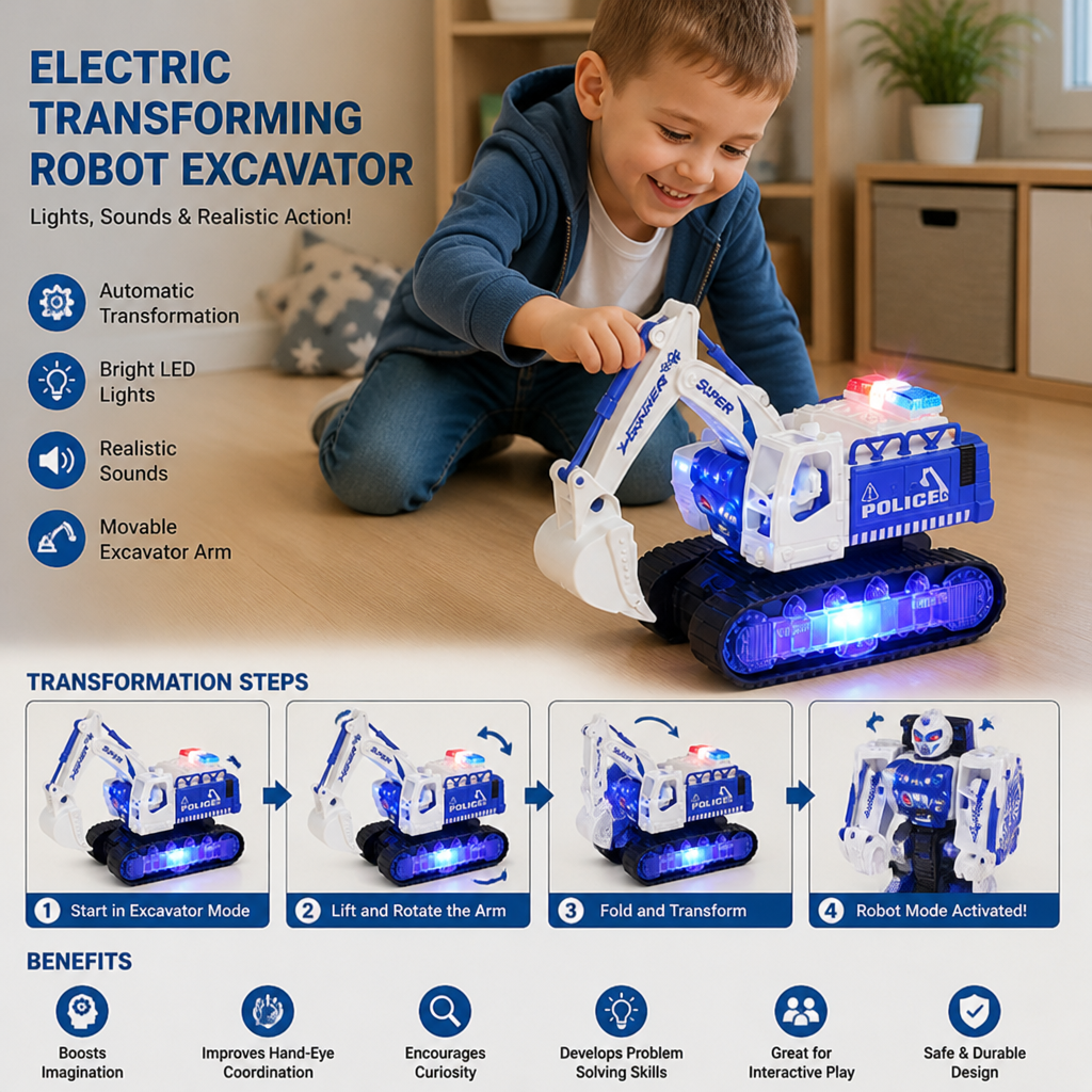 Electric Transforming Robot Excavator Toy with Lights & Sounds