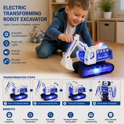 Electric Transforming Robot Excavator Toy with Lights & Sounds