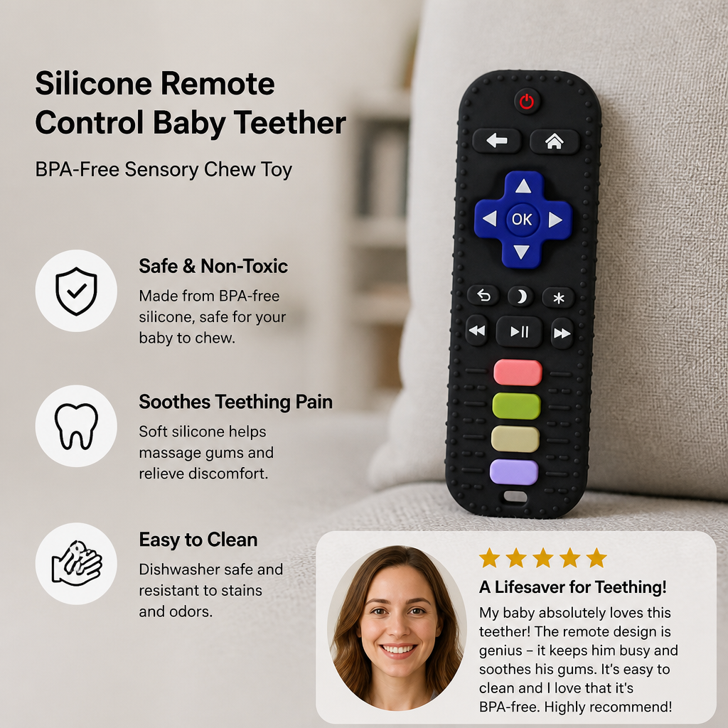 Silicone Remote Control Baby Teether – BPA-Free Sensory Chew Toy