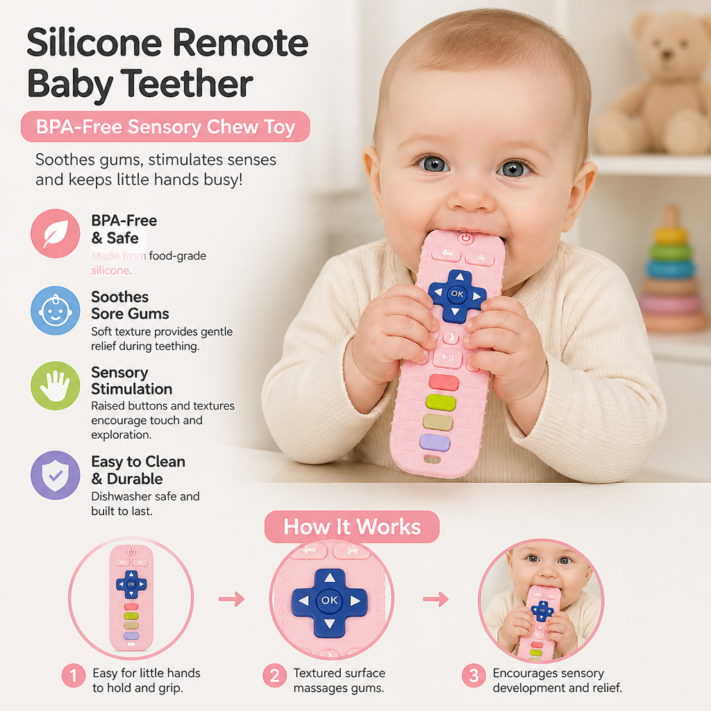 Silicone Remote Control Baby Teether – BPA-Free Sensory Chew Toy