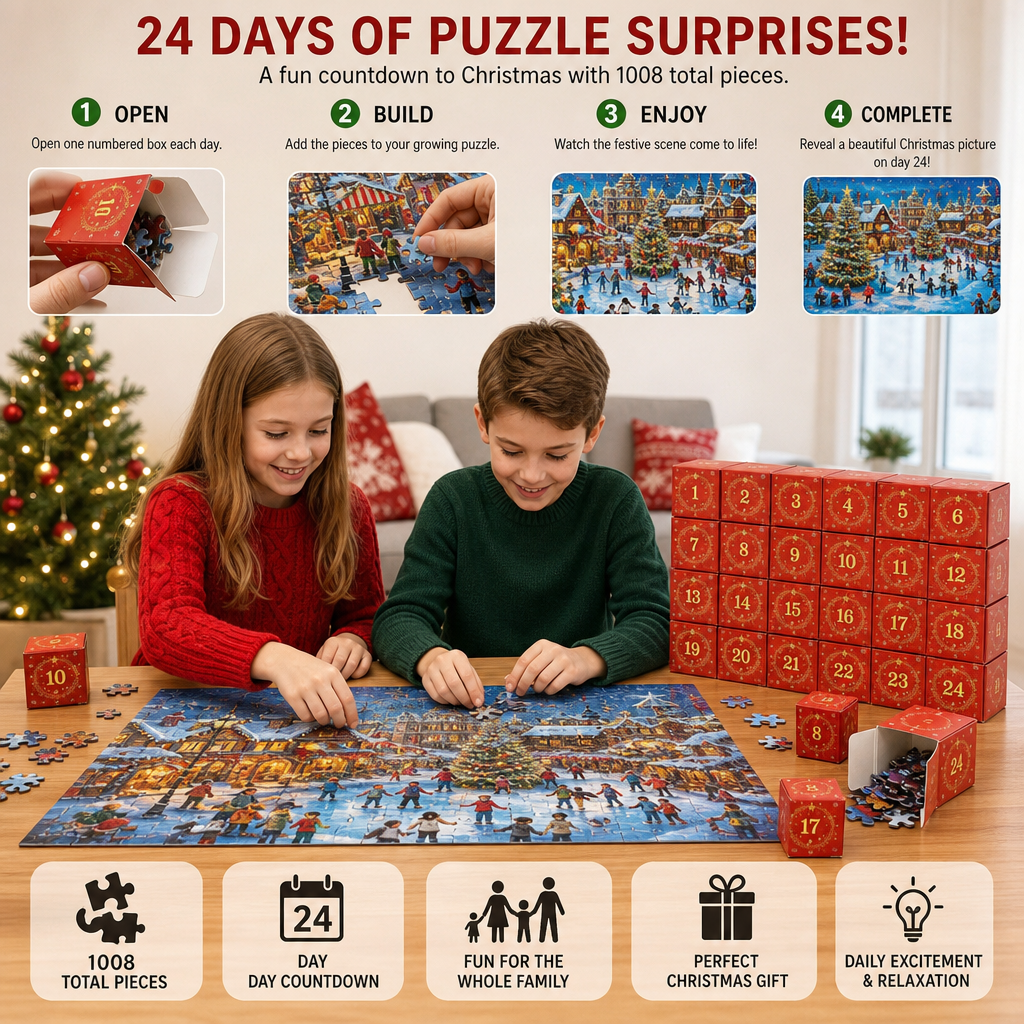 Christmas Jigsaw Puzzle Advent Calendar – 1008-Piece 24-Day Countdown Puzzle Set