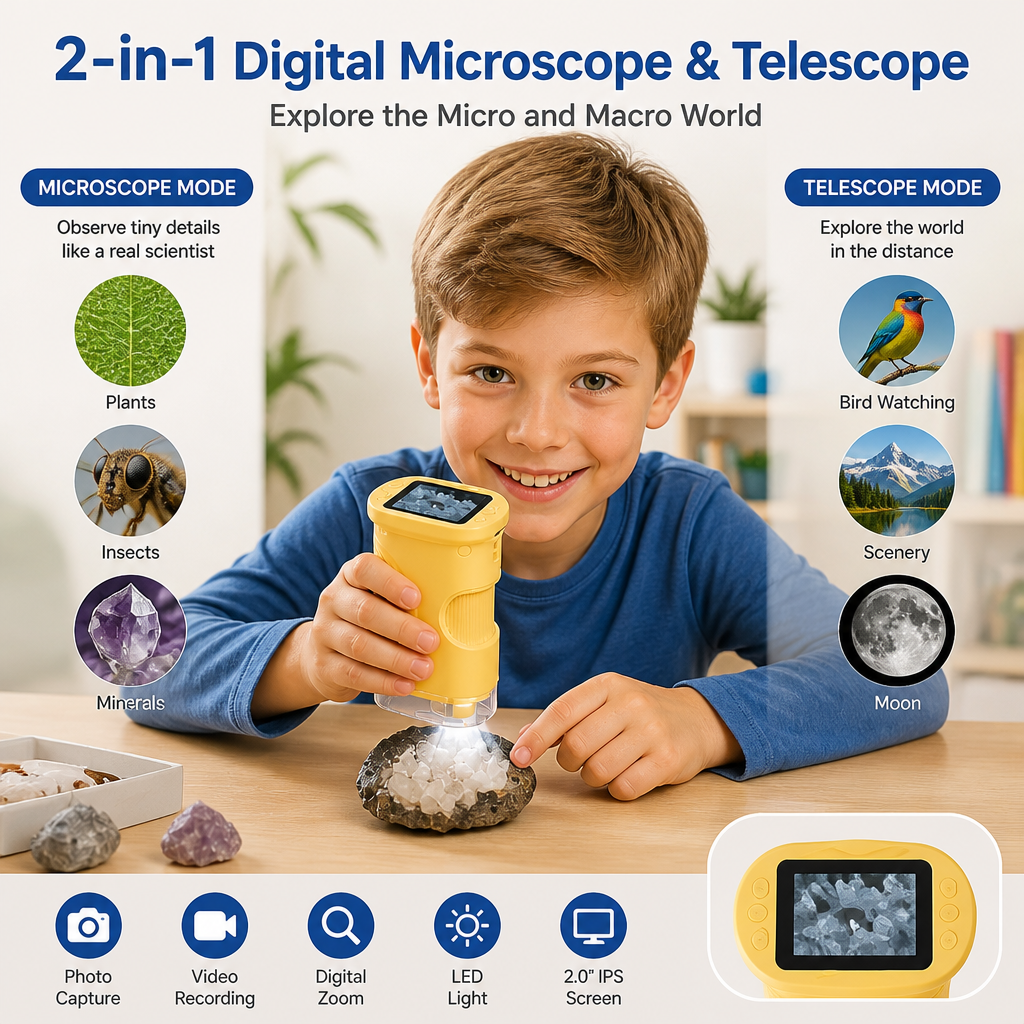 Kids’ 2-in-1 Digital Microscope & Telescope with Photo and Video Camera