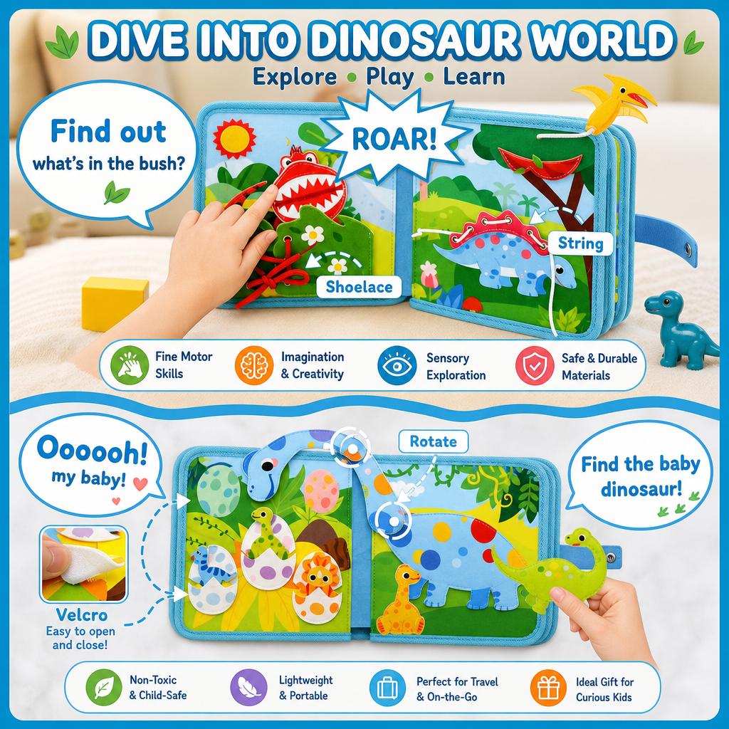 8-in-1 Montessori Dinosaur Busy Board Activity Book for Toddlers