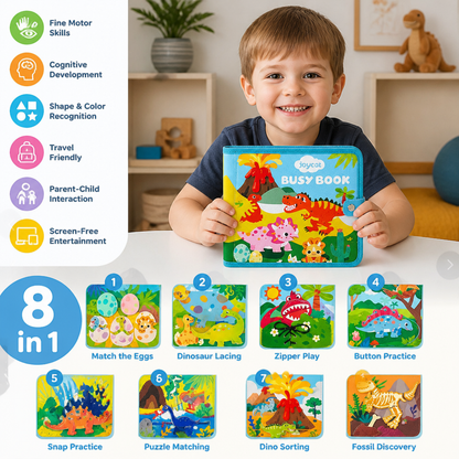 8-in-1 Montessori Dinosaur Busy Board Activity Book for Toddlers