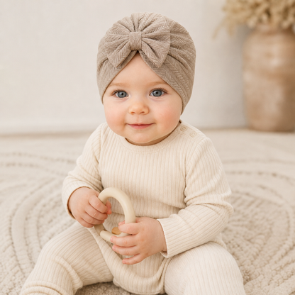 Ruched Baby Turban with Bow – Soft Knit Newborn Hat