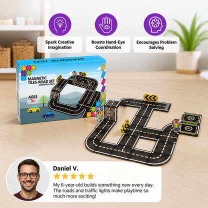 Magnetic Tiles & Building Blocks Set with Roads & Traffic Lights