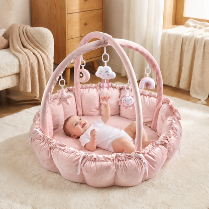 5-in-1 Plush Baby Play Gym, Activity Mat & Bed with Hanging Toys