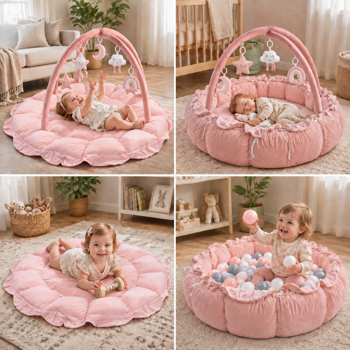 5-in-1 Plush Baby Play Gym, Activity Mat & Bed with Hanging Toys