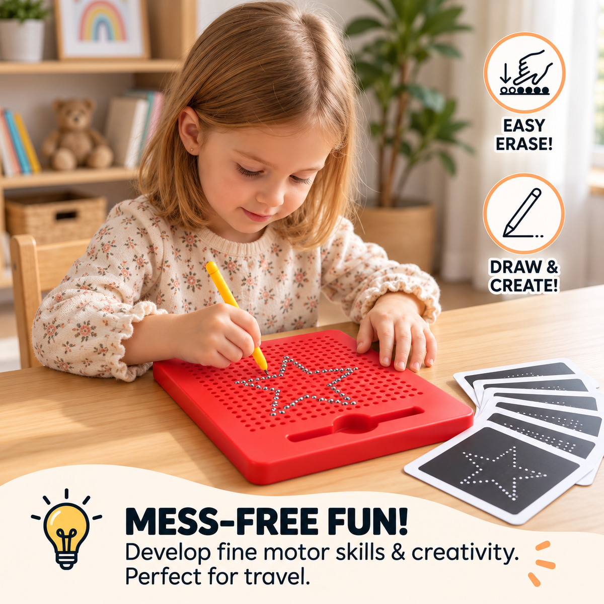 2-in-1 Magnetic Writing & Drawing Board with Snap-On Shape Tiles for Kids