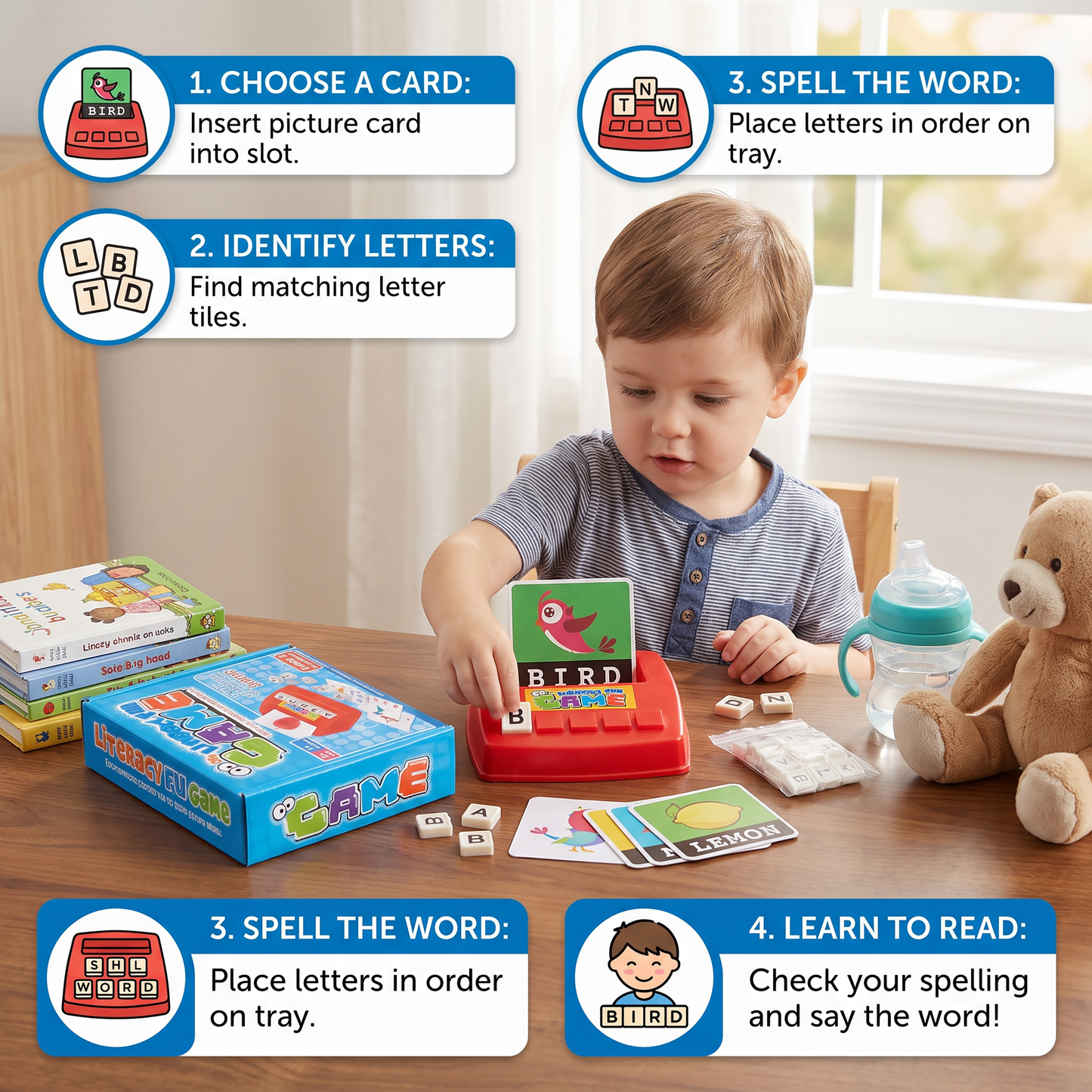 Interactive Spelling & Word Matching Game – Preschool Literacy Learning Toy with Picture Cards & Letter Tiles