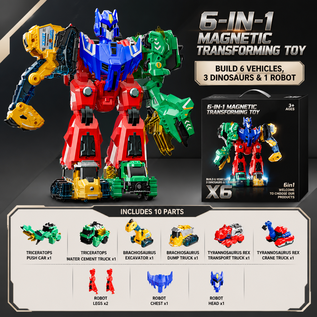 6-in-1 Magnetic Transforming Toy – Build 6 Vehicles, 3 Dinosaurs & 1 Robot