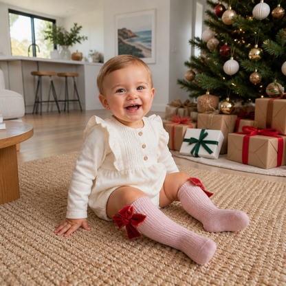 Baby Girls’ Christmas Knee-High Socks with Velvet Bows