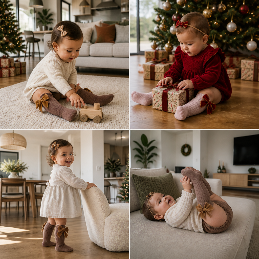 Baby Girls’ Christmas Knee-High Socks with Velvet Bows