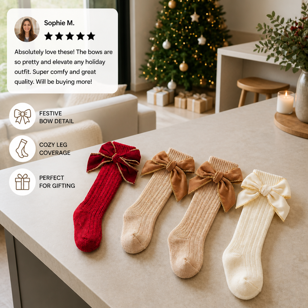 Baby Girls’ Christmas Knee-High Socks with Velvet Bows