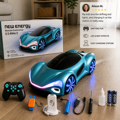 Light-Up RC Drift Car with Spray Effect & Charging Station