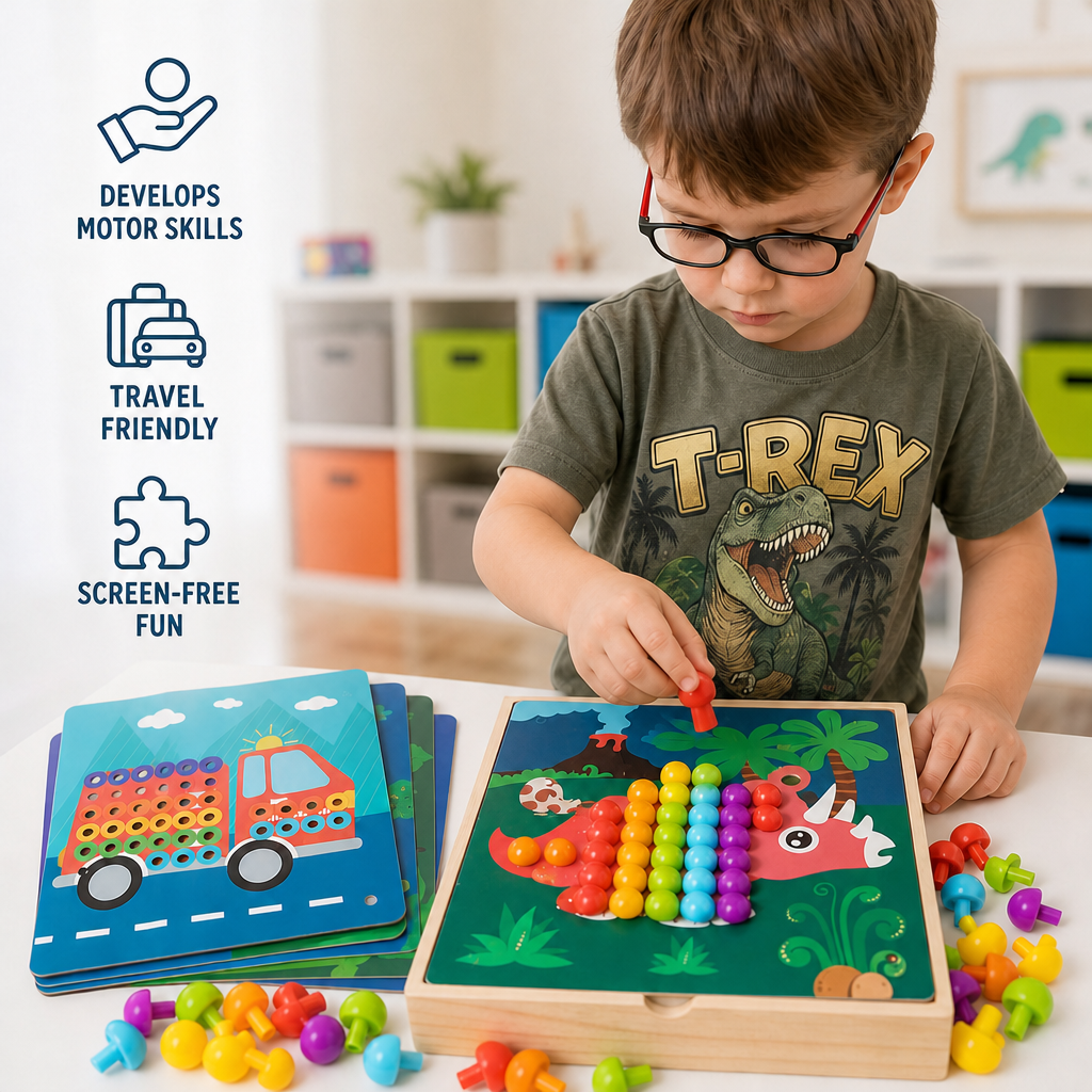 4-in-1 Montessori Wooden Sensory Activity Travel Board Box with Gears & Colorful Pegs