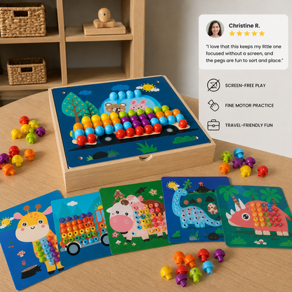 4-in-1 Montessori Wooden Sensory Activity Travel Board Box with Gears & Colorful Pegs