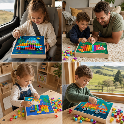 4-in-1 Montessori Wooden Sensory Activity Travel Board Box with Gears & Colorful Pegs