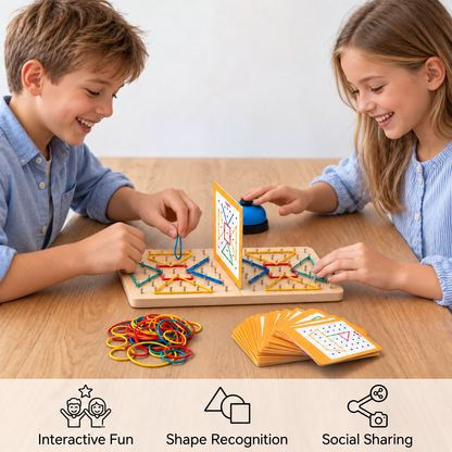 Montessori Wooden Geometry Battle Game with Colorful Rubber Bands