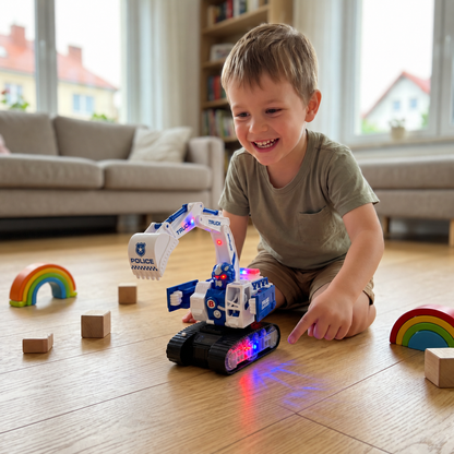 Transforming Police Robot Excavator Toy with Lights & Sounds