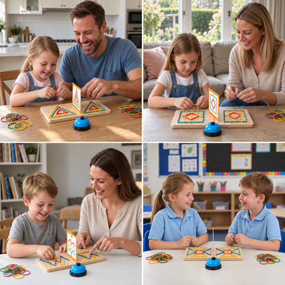 Montessori Wooden Geometry Battle Game with Colorful Rubber Bands