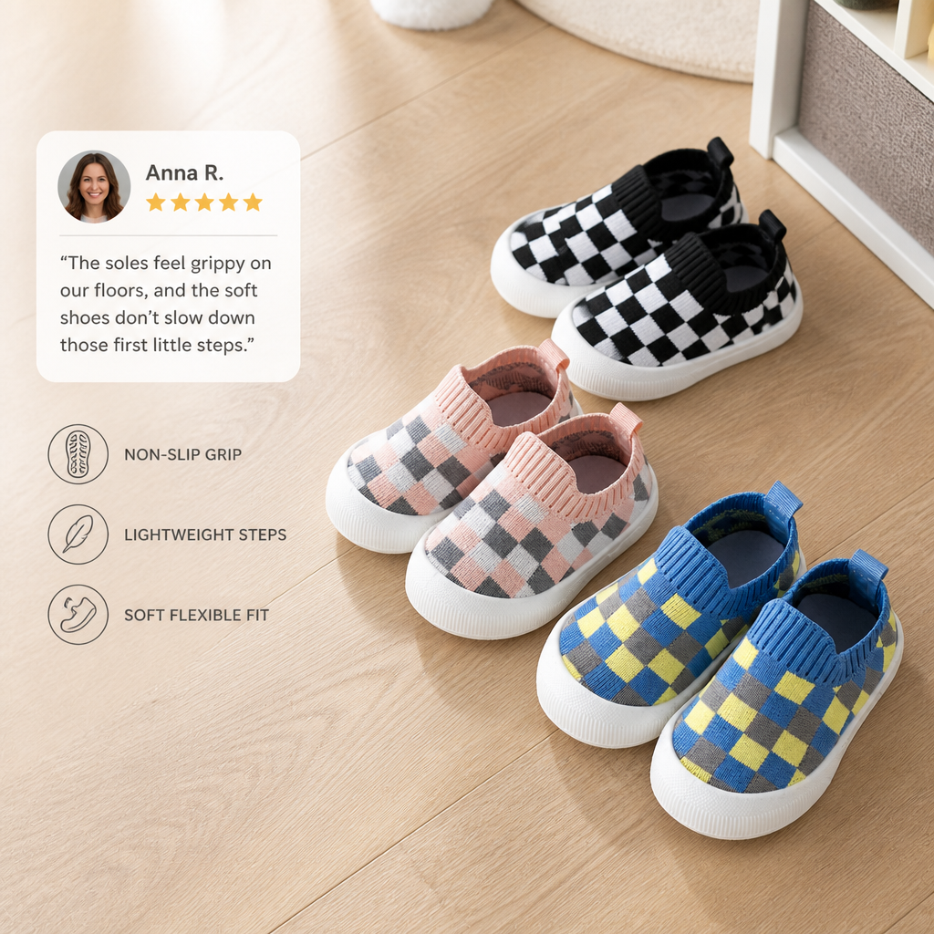 Checkered Lightweight Baby Walking Shoes with Soft, Non-Slip Soles