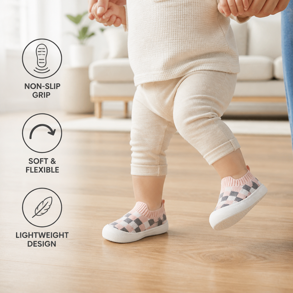 Checkered Lightweight Baby Walking Shoes with Soft, Non-Slip Soles