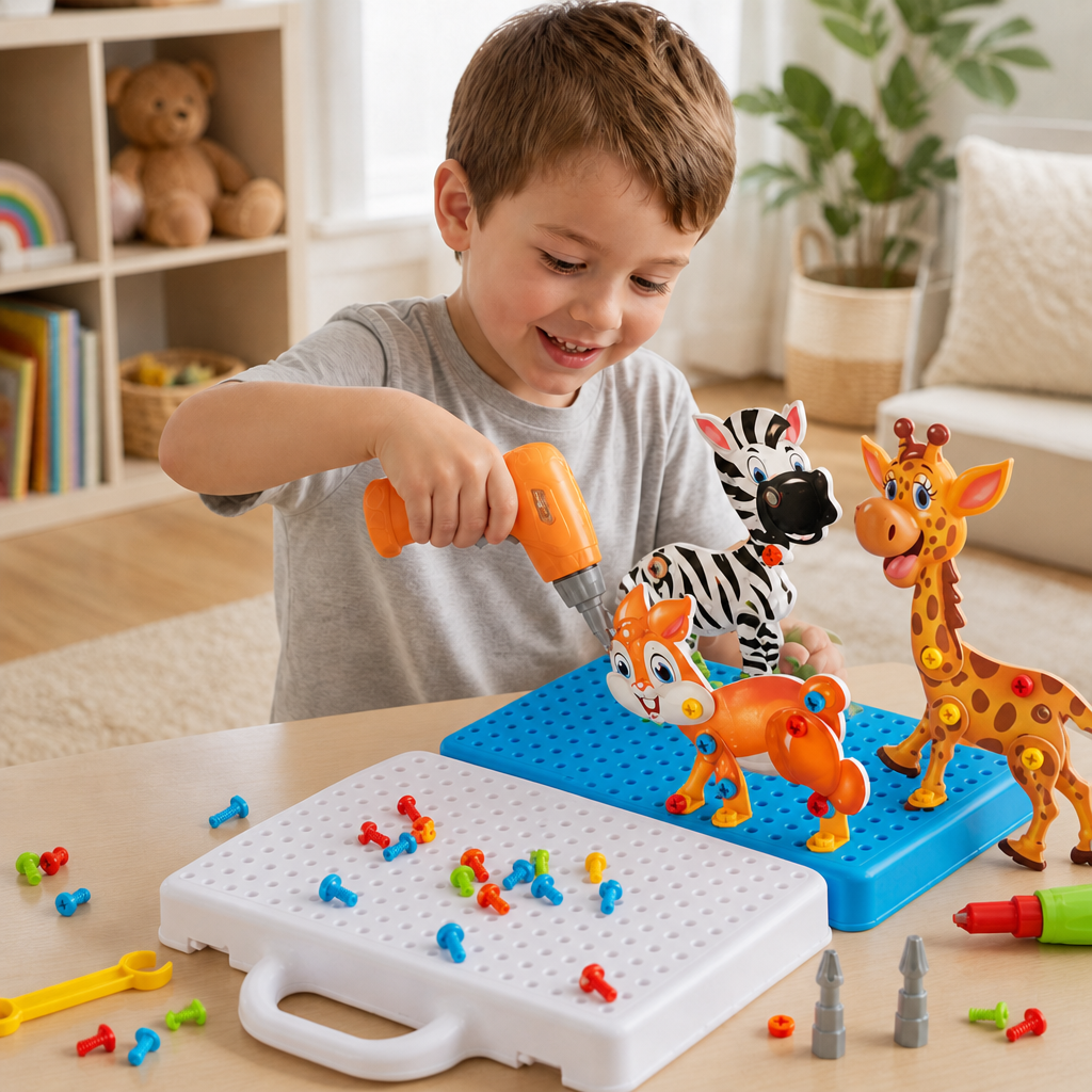 Safari Animal Building Block Set with Electric Toy Drill for Kids