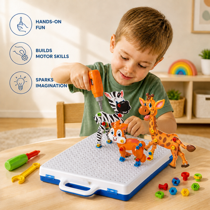 Safari Animal Building Block Set with Electric Toy Drill for Kids