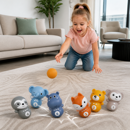 6-in-1 Soft Rubber Animal Bowling & Stacking Game – Montessori Learning Toy for Kids