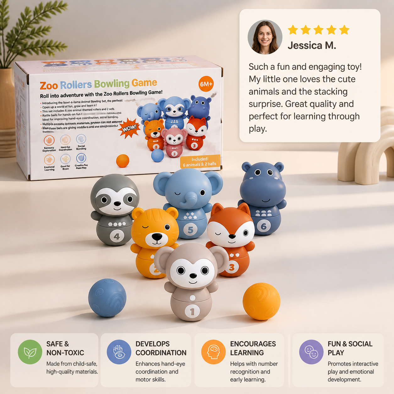 6-in-1 Soft Rubber Animal Bowling & Stacking Game – Montessori Learning Toy for Kids