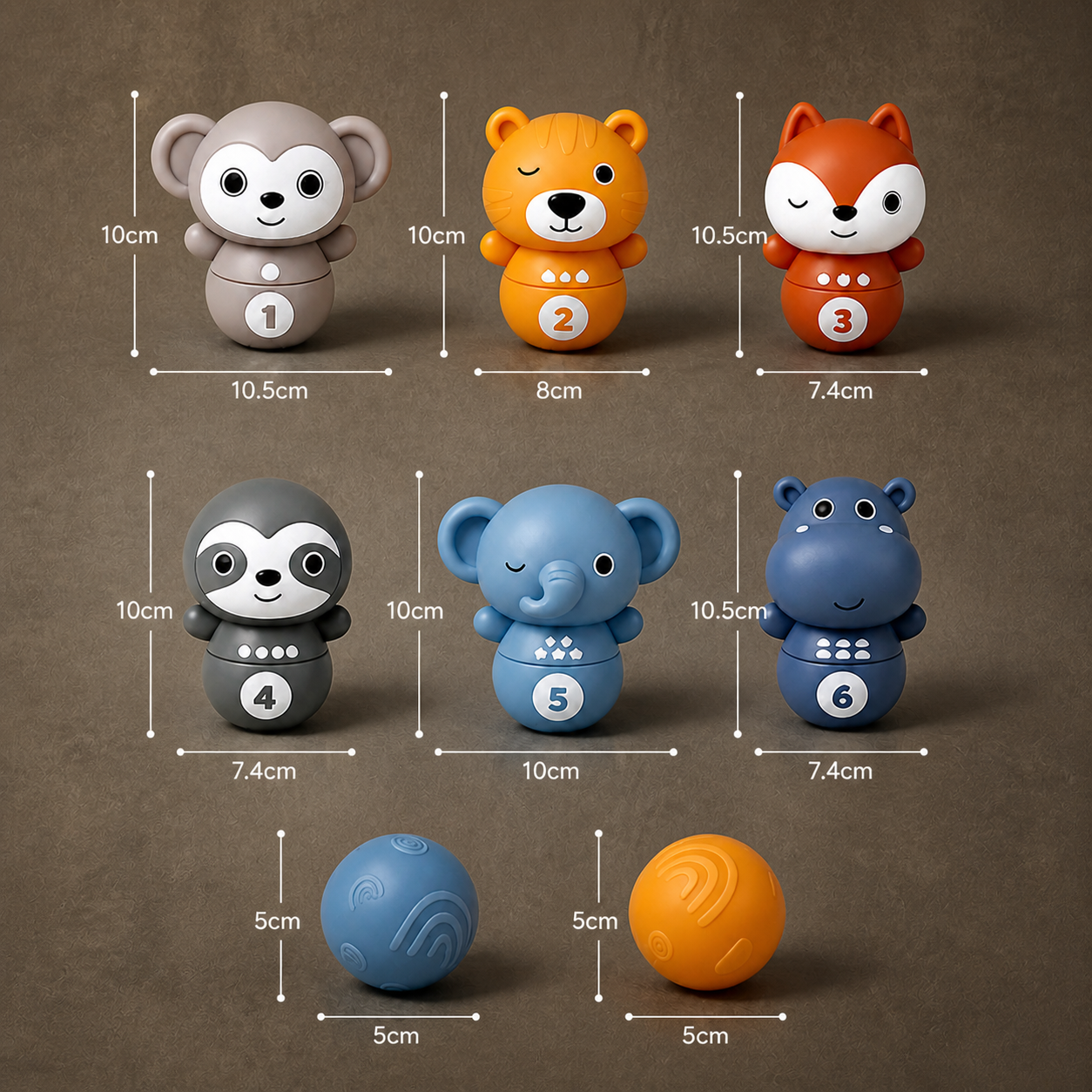 6-in-1 Soft Rubber Animal Bowling & Stacking Game – Montessori Learning Toy for Kids