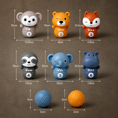 6-in-1 Soft Rubber Animal Bowling & Stacking Game – Montessori Learning Toy for Kids