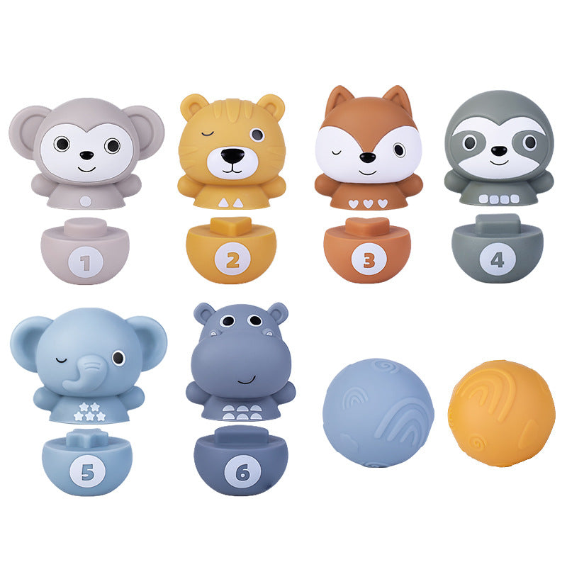 6-in-1 Soft Rubber Animal Bowling & Stacking Game – Montessori Learning Toy for Kids