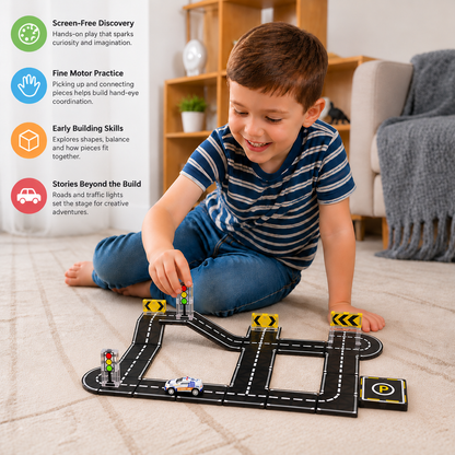 Magnetic Tiles & Building Blocks Set with Roads & Traffic Lights