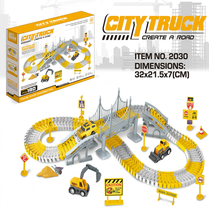 Construction Truck Race Track Playset with Bridge, Vehicles & Road Signs