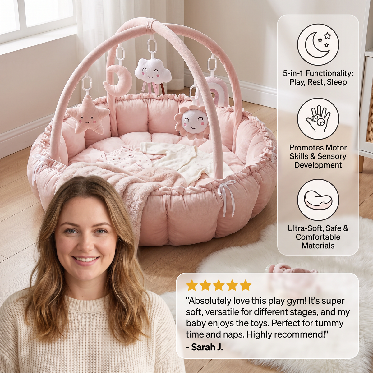 5-in-1 Plush Baby Play Gym, Activity Mat & Bed with Hanging Toys