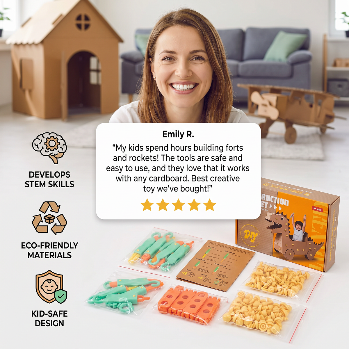 Safe 100-Piece STEM Cardboard Construction Kit with Tool Set for Kids