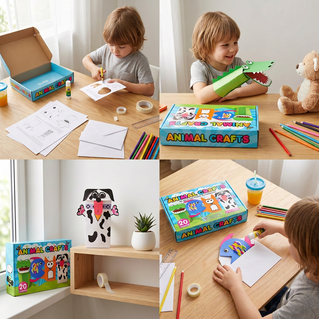 Kids Paper Crafts Box – 20 Easy DIY Arts & Crafts Projects for Ages 3–10 with Glue Stick, Tape & Envelopes