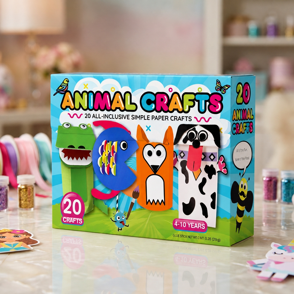 Kids Paper Crafts Box – 20 Easy DIY Arts & Crafts Projects for Ages 3–10 with Glue Stick, Tape & Envelopes