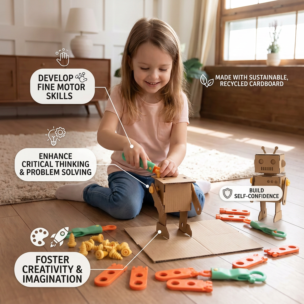 Safe 100-Piece STEM Cardboard Construction Kit with Tool Set for Kids